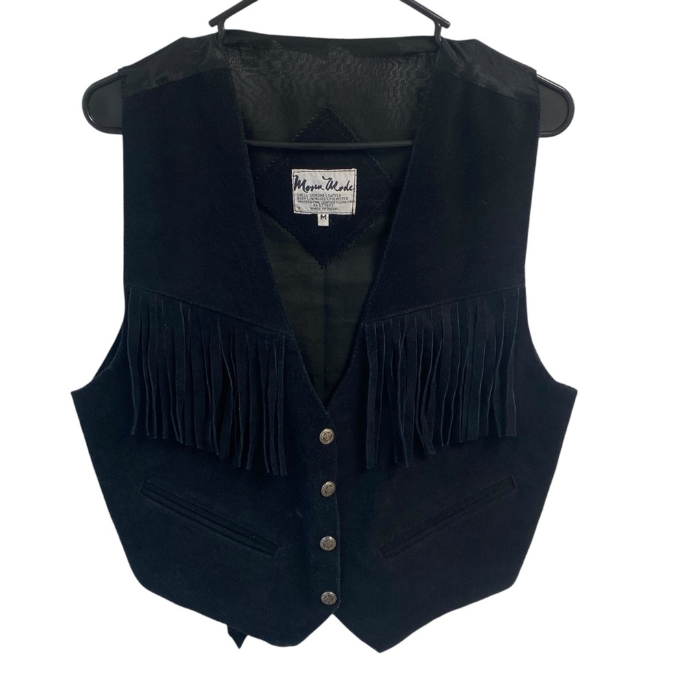 Black Fringe Ladies‎ Leather Vest  Button Closure Cowgirl Rodeo Texas Country